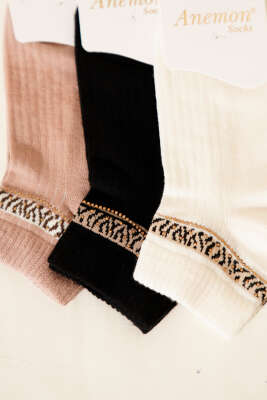 Kadın 3'lü Taş Detaylı Kısa Konç Çorap Asorti 1 - Soket Çorap