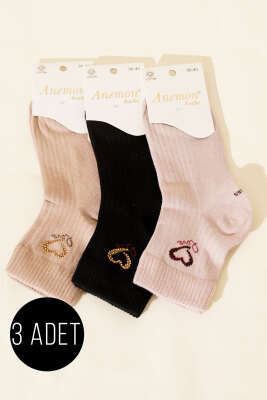 Kadın 3'lü Taş Detaylı Kısa Konç Çorap Asorti 10 