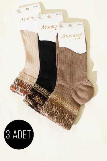 Kadın 3'lü Taş Detaylı Kısa Konç Çorap Asorti 12 - Günün Seçilenleri