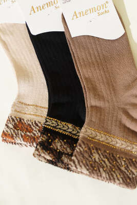 Kadın 3'lü Taş Detaylı Kısa Konç Çorap Asorti 12 - Günün Seçilenleri