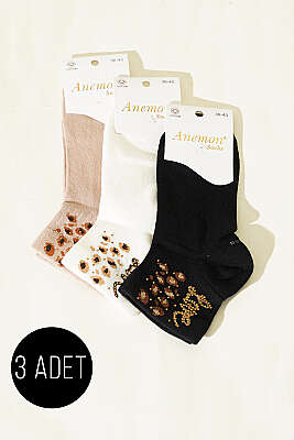 Kadın 3'lü Taş Detaylı Kısa Konç Çorap Asorti 13 