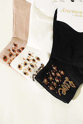 Kadın 3'lü Taş Detaylı Kısa Konç Çorap Asorti 13 - Soket Çorap