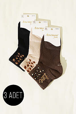 Kadın 3'lü Taş Detaylı Kısa Konç Çorap Asorti 14 