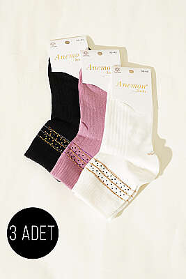 Kadın 3'lü Taş Detaylı Kısa Konç Çorap Asorti 15 - Soket Çorap