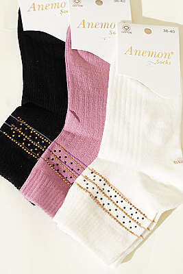 Kadın 3'lü Taş Detaylı Kısa Konç Çorap Asorti 15 - Soket Çorap