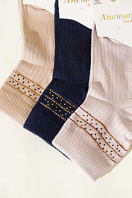 Kadın 3'lü Taş Detaylı Kısa Konç Çorap Asorti 16 - Soket Çorap