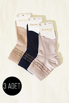 Kadın 3'lü Taş Detaylı Kısa Konç Çorap Asorti 16 