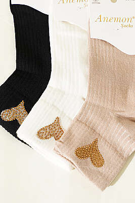 Kadın 3'lü Taş Detaylı Kısa Konç Çorap Asorti 17 - Soket Çorap