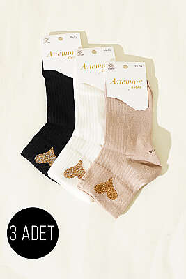 Kadın 3'lü Taş Detaylı Kısa Konç Çorap Asorti 17 