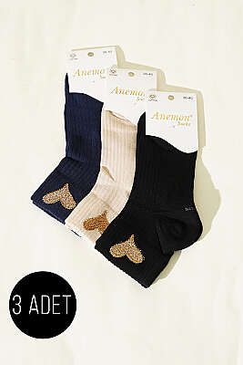 Kadın 3'lü Taş Detaylı Kısa Konç Çorap Asorti 18 