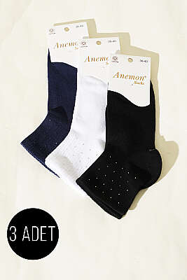 Kadın 3'lü Taş Detaylı Kısa Konç Çorap Asorti 19 