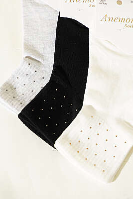 Kadın 3'lü Taş Detaylı Kısa Konç Çorap Asorti 20 - Soket Çorap