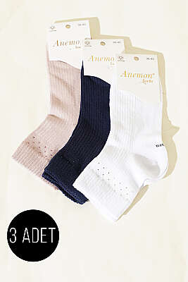 Kadın 3'lü Taş Detaylı Kısa Konç Çorap Asorti 23 