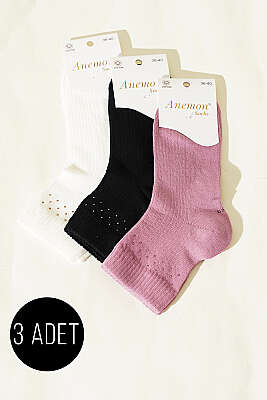 Kadın 3'lü Taş Detaylı Kısa Konç Çorap Asorti 24 