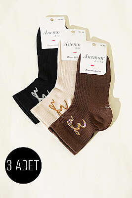 Kadın 3'lü Taş Detaylı Kısa Konç Çorap Asorti 25 