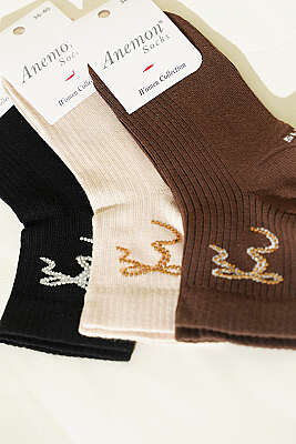 Kadın 3'lü Taş Detaylı Kısa Konç Çorap Asorti 25 - Soket Çorap