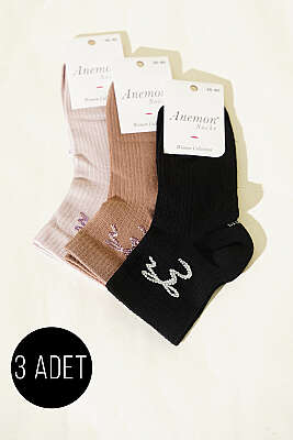 Kadın 3'lü Taş Detaylı Kısa Konç Çorap Asorti 26 