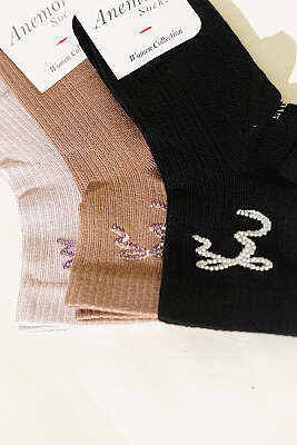 Kadın 3'lü Taş Detaylı Kısa Konç Çorap Asorti 26 - Soket Çorap