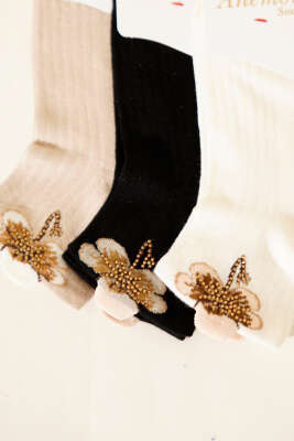 Kadın 3'lü Taş Detaylı Kısa Konç Çorap Asorti 5 - Soket Çorap