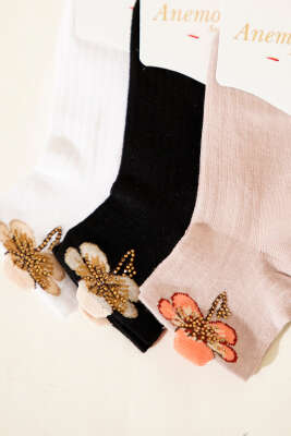 Kadın 3'lü Taş Detaylı Kısa Konç Çorap Asorti 6 - Soket Çorap