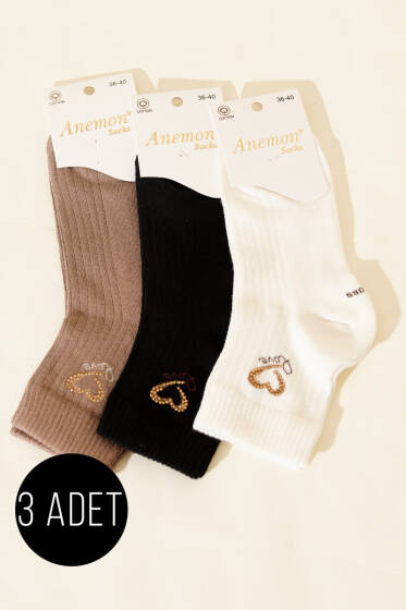 Kadın 3'lü Taş Detaylı Kısa Konç Çorap Asorti 9 - Günün Seçilenleri