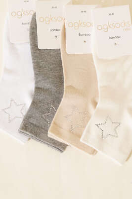 Kadın 4'lü Mini Yıldız Taş Detaylı Çorap Asorti 1 - Babet / Patik Çorap