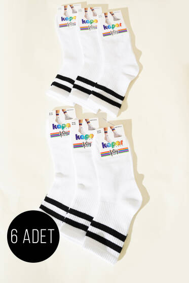 Kadın 6'lı Şeritli Kolej Çorap Beyaz - Soket Çorap