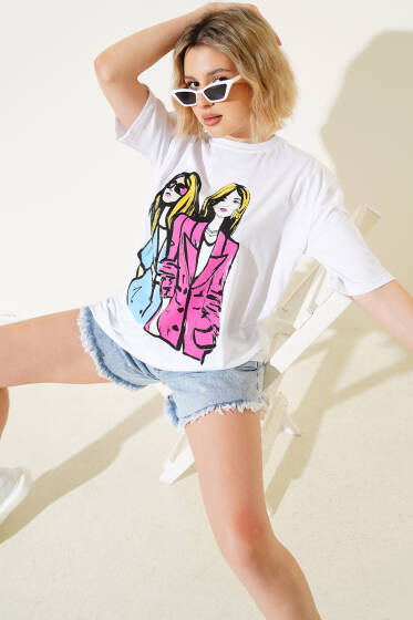 Kadın Baskılı T-shirt Beyaz - Kadın Giyim Modelleri