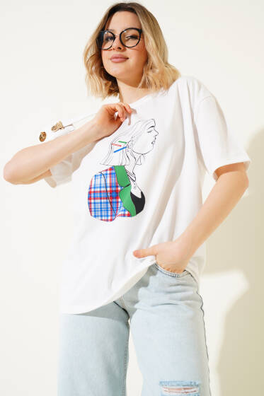Kadın Baskılı T-shirt Beyaz - Kadın Giyim Modelleri