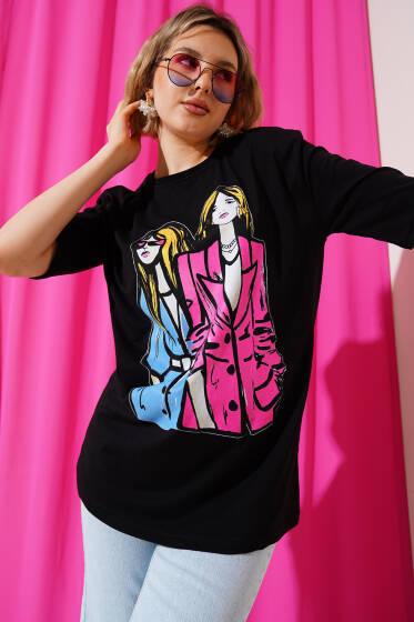 Kadın Baskılı T-shirt Siyah - Kadın Giyim Modelleri