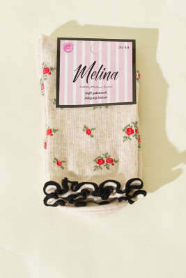 Kadın Çiçekli Fırfırlı Soket Çorap Bej 