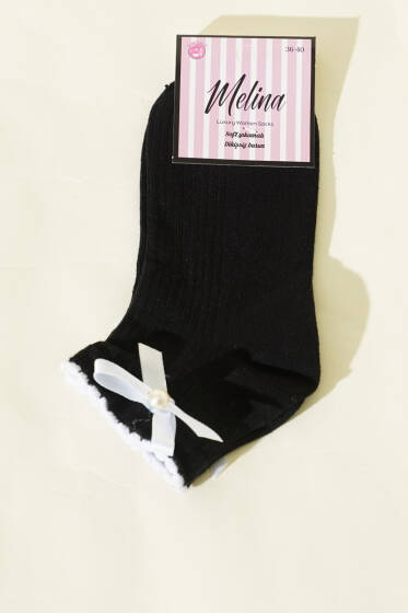 Kadın Fiyonklu İncili Soket Çorap Siyah - Soket Çorap