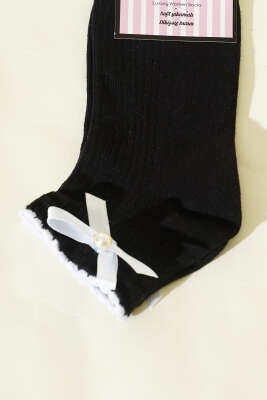 Kadın Fiyonklu İncili Soket Çorap Siyah - Soket Çorap