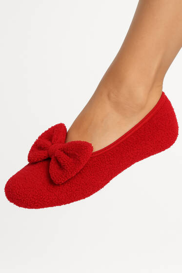 Kadın Kurdeleli Peluş Patik Kırmızı - Babet / Patik Çorap