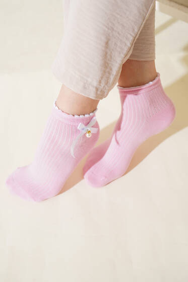 Kadın Kurdeleli Taşlı Soket Çorap Pembe - Soket Çorap