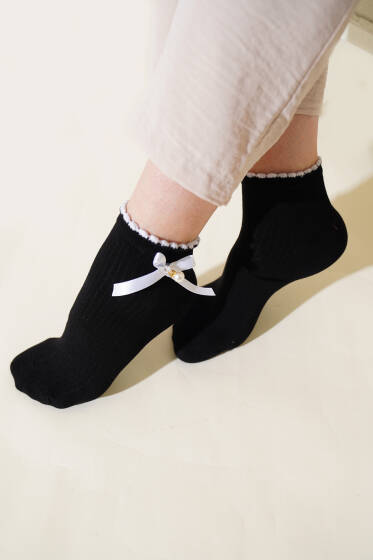 Kadın Kurdeleli Taşlı Soket Çorap Siyah - Soket Çorap