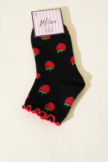 Kadın Meyve Figürlü Soket Çorap Siyah - Soket Çorap