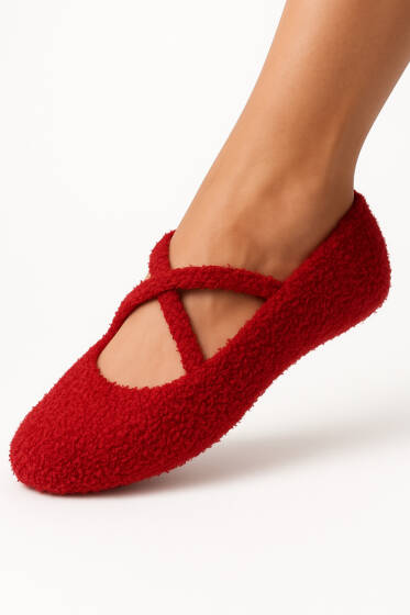 Kadın Peluş Pilates Patik Kırmızı - Babet / Patik Çorap