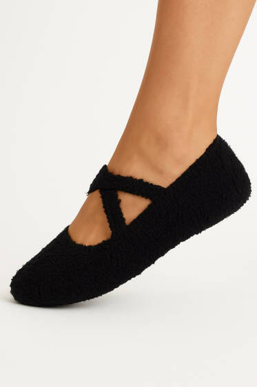 Kadın Peluş Pilates Patik Siyah - Babet / Patik Çorap