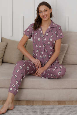 Kahve Bardağı Desen Düğmeli Pijama Takımı Lila 