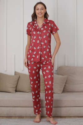 Kahve Bardağı Desen Düğmeli Pijama Takımı Magenta - Pijama