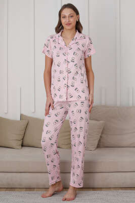 Kahve Bardağı Desen Düğmeli Pijama Takımı Pembe - Kadın Pijama Takımı