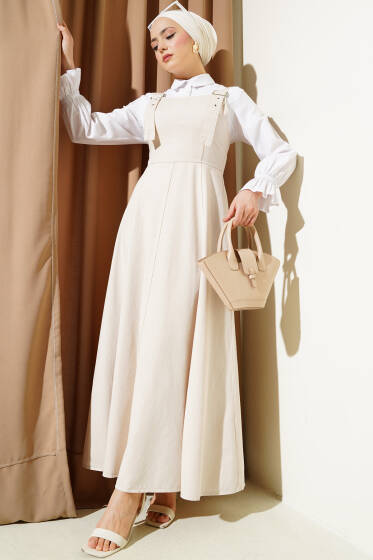 Kalın Askılı Gabardin Jile Bej - Elbise