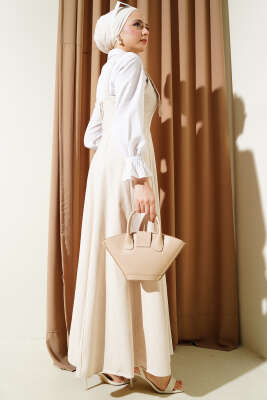 Kalın Askılı Gabardin Jile Bej - Tesettür Elbise