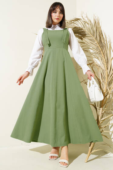 Kalın Askılı Gabardin Jile Çağla Yeşili - Elbise