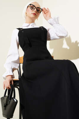 Kalın Askılı Gabardin Jile Siyah - Tesettür Elbise