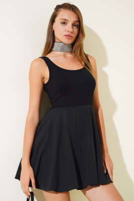 Kalın Askılı Garnili Mini Elbise Siyah - Kadın Giyim Modelleri