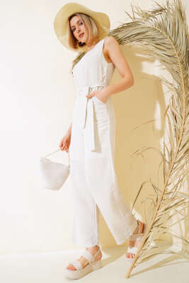 Kalın Askılı Keten Tulum Bej - TİLLE