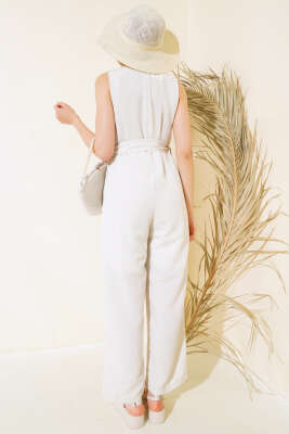 Kalın Askılı Keten Tulum Bej - Kadın Giyim Modelleri