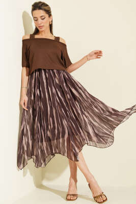 Kalın Askılı Şifon Elbise Kahve - CALİENTE